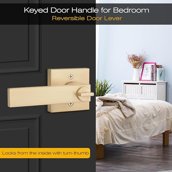 EHOMEWARE 10 Pack Gold Entry Door Levers with Keys Exterior Door Handles in Satin Brass Finish, Bedroom Bathroom Interior Door Handles & Front Exterior Door Levers, Contractor Pack