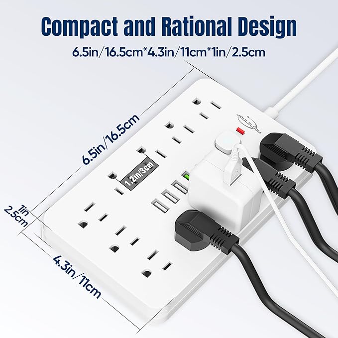 20 FT Flat Plug Surge Protector Power Strip,11 Multiple AC Outlets with 6 USB Ports (2 USB C), 20 Feet Extension Cord, 1250W/10A, One Touch Switch Button, White