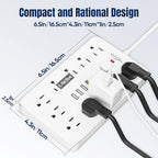 6 FT Flat Plug Surge Protector Power Strip,11 Multiple AC Outlets with 6 USB Ports (2 USB C), 6 Feet Extension Cord, 1250W/10A, One Touch Switch Button, 17 in 1 Compact powerstrip-White