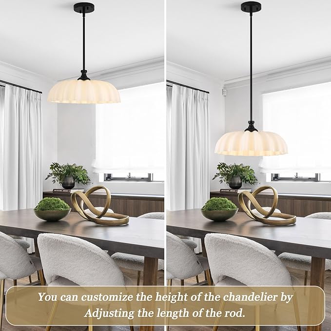 15.7" Vintage Modern Black Chandelier with Floral Milk White Glass Shades, Adjustable Height Pendant Light for Kitchen Island, Dining Room, Bedroom