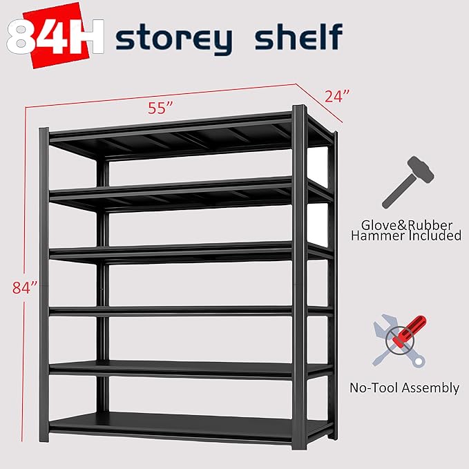 6-Tier 55" W x 24" D x 84" H Garage Shelving 3500LBS Storage Shelves Heavy Duty Metal Shelf Unit Adjustable Basement Industrial Storage Racks (6T-84 * 55 * 24)