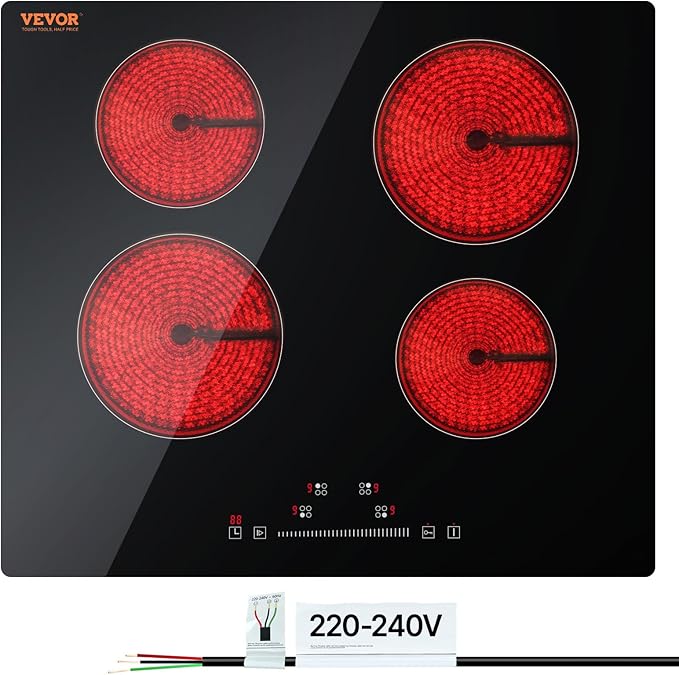 VEVOR LT4-77 Built in Electric Ceramic 23.2 x 20.5 inch Stove Top, 240V Glass Radiant Cooktop with Touch Control, Timer & Child Lock, 9 Power Levels for Simmer Steam Slow Cook Fry, 24IN 4-Burners