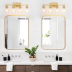 4 Light Gold Bathroom Light Fixtures Brushed Brass Vanity Light Over Mirror Modern Farmhouse Wall Lighting Sconces Wall Lamp for Bathroom, Bedroom, Living Room E26 Socket with Glass Shade