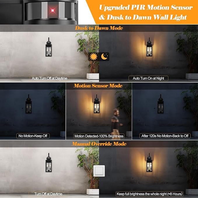 20" Black Motion Sensor Outdoor Lights with GFCI Outlet, Dusk to Dawn Exterior Lighting Fixtures, Porch Lights with GFCI Outlet Built-in, Waterproof Outdoor Wall Sconce for House Front Door Patio
