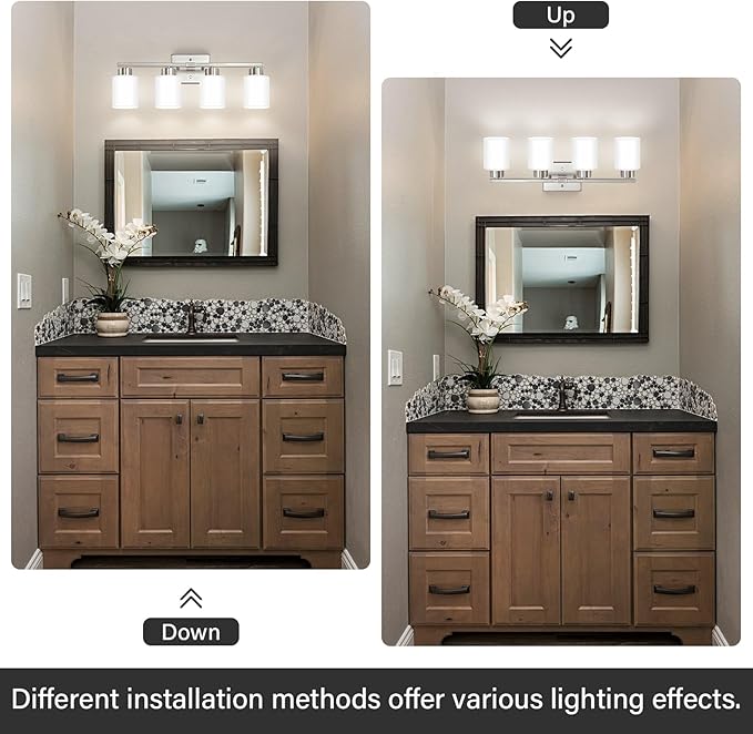 Brushed Nickel Bathroom Light Fixtures, 4-Light Modern Vanity Light Over Mirror, Wall Sconces with Milky White Frosted Glass Shades, E26 Socket (Bulbs Not Included)