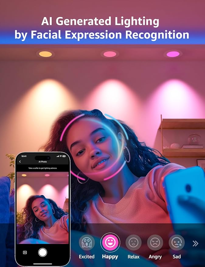 Lepro R2 AI 6 inch LED Recessed Light - Personalized AI Lighting Designer, Dimmable Wafer Lights RGBCW Sync with Music, Smart Canless Downlights Work Alexa & Google Assistant, 12W 1050 Lumen, 2-Pack