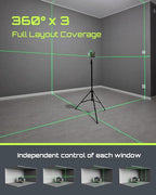 LasGoo Laser Level Self Leveling 360°x3 Green Cross Line Laser Tool for Construction and Picture Hanging, Remote Control, Professional Magnetic Rotating Stand, 2 Rechargeable Batteries - LG-3Ds