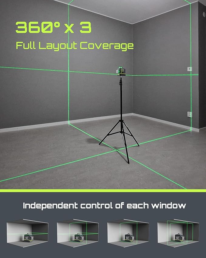 LasGoo Laser Level Self Leveling 360°x3 Green Cross Line Laser Tool for Construction and Picture Hanging, Remote Control, Professional Magnetic Rotating Stand, 2 Rechargeable Batteries - LG-3Ds