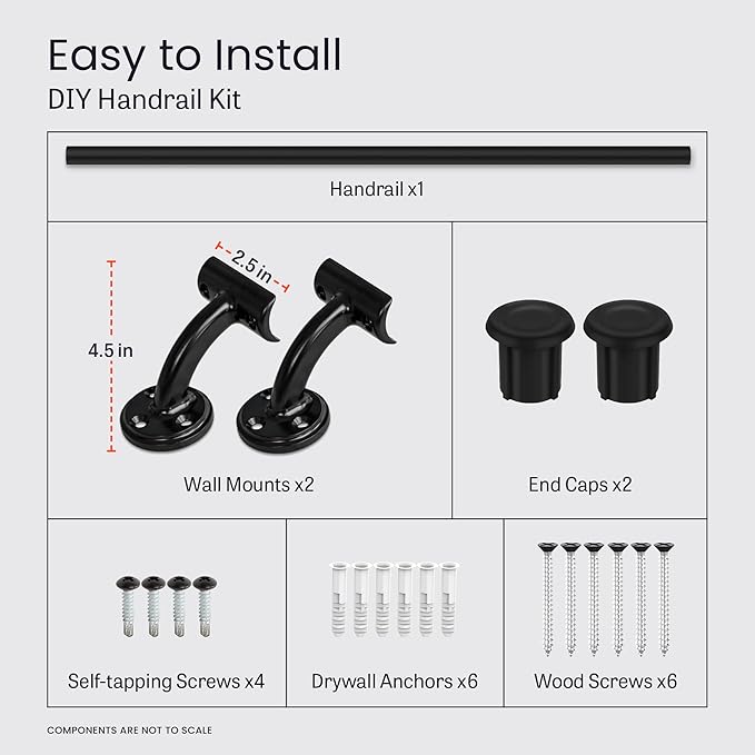 Meranti Aluminum Handrail for Indoor or Outdoor Steps and Stairs – Hand Rails for Elderly – DIY Complete Stair Railing Kit (AHR, Black, 4' Length)