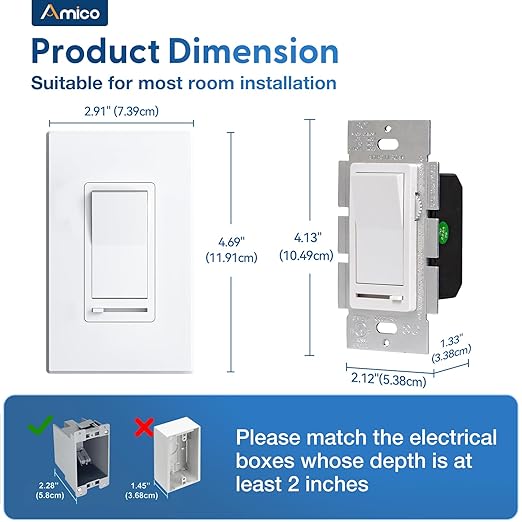 Amico 12 Pack Light Dimmer Switch, No Neutral Wire, Single Pole or 3-Way, for Dimmable LED/CFL (150W) & Halogen/Incandescent (600W), Slide to Dim, White with Wall Plates Included, UL Listed