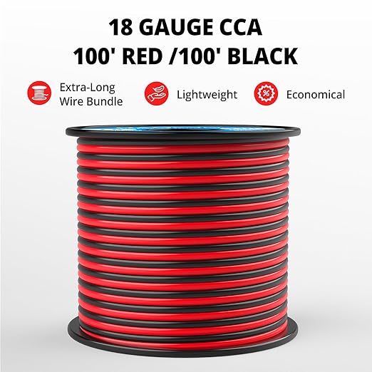 NAOEVO 18 Gauge Wire 100FT, 2 Conductors Electrical Wire Red Black Cable, Flexible/Low Voltage/PVC 18 AWG Copper Clad Aluminum Extension Cord for Speaker, LED Strips, Automotive 12V/24V DC