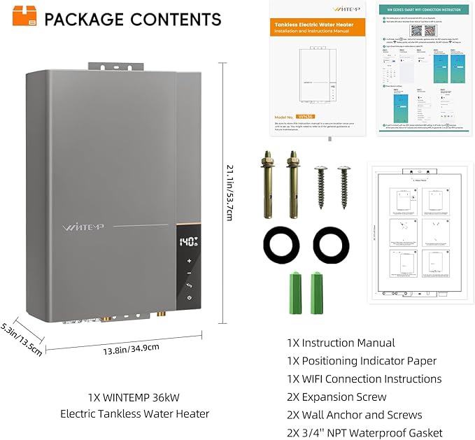 36kW Tankless Electric Water Heater 240V, Instant On-Demand Endless Hot Water, Up to 8.7 GPM, LED Temperature Display, Whole House Supply, WiFi Control, ETL Certified