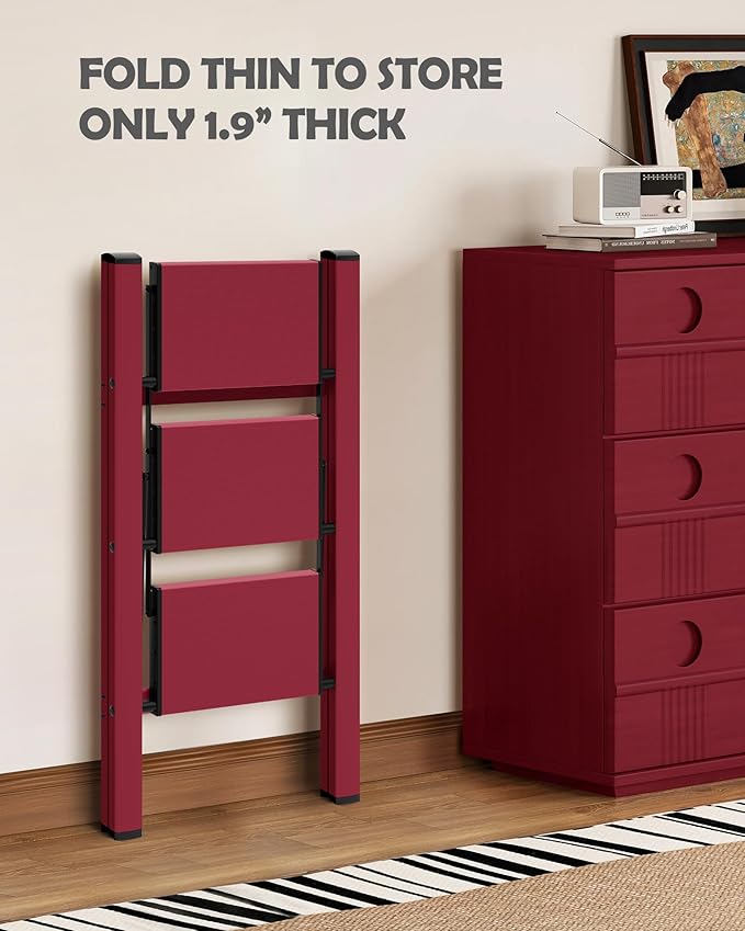 Taranta 3 Step Ladder,Aluminum Lightweight Folding 3 Step Stool with Anti-Slip Wide Pedal,330lbs Capacity Step Ladder for Household,Kitchen,Office - Red