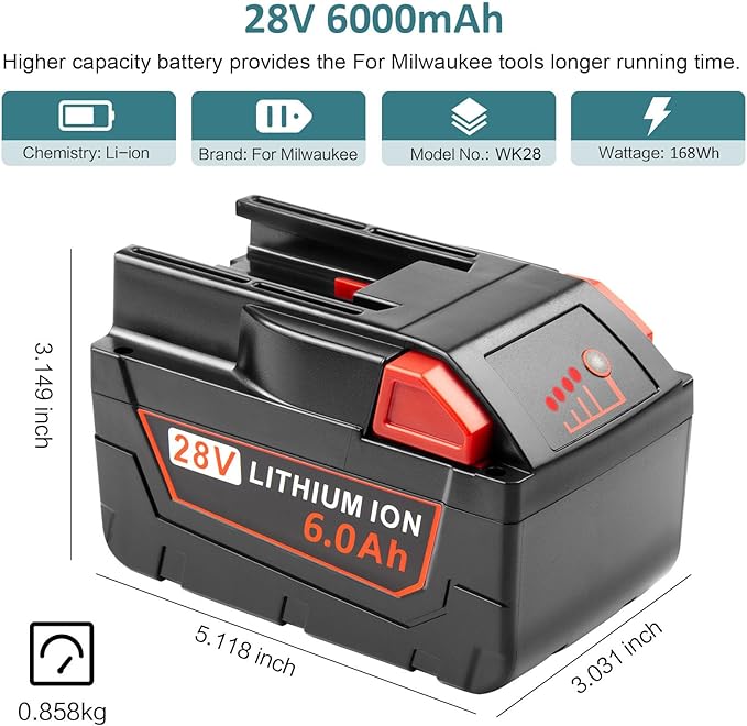 28V 6000mAh Replace for Milwaukee Mk28 High Output Battery for V28 Milwaukee Mk28 48-11-2830, V28, Mk28B, Mk28BX Cordless Power Tools Battery Li-Ion, 2 Pack