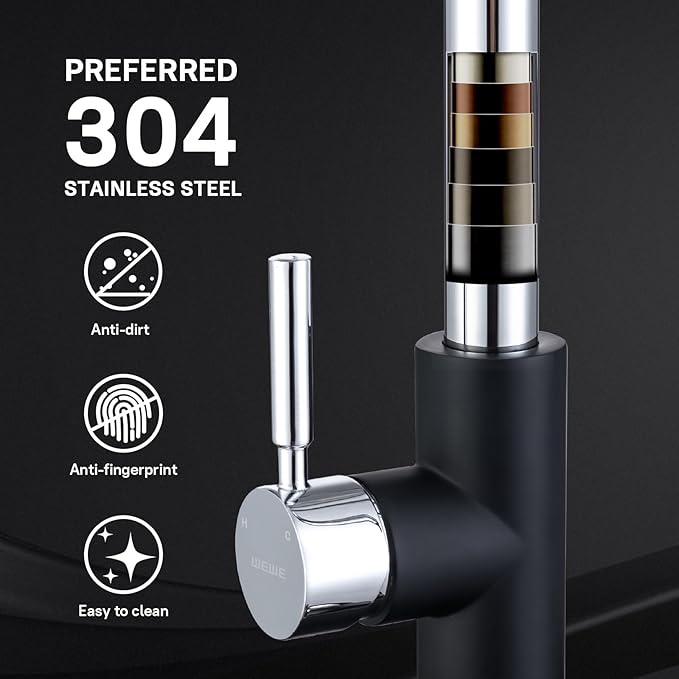 WEWE Kitchen Sink Faucet, Pull Down Kitchen Faucet, Black and Chrome Kitchen Faucet with Sprayer Stainless Steel Single Handle one or Three Hole for Laundry bar Kitchen Sinks