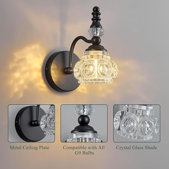 Modern Wall Sconces Set of Two Black Vintage Indoor Glass Wall Lamp Bathroom Vanity Light Fixture Wall Mounted Room Sconce Wall Lighting