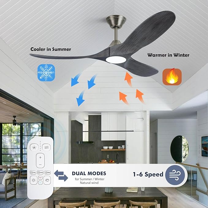 52 inch Ceiling Fans with Lights Solid Wood Outdoor Smart Ceiling Fan for Patio with Alexa/Tuya App, 3 Gray Propeller Blades, High CFM Ceiling Fan for Living Room Bedroom Gazebo, ETL Listed