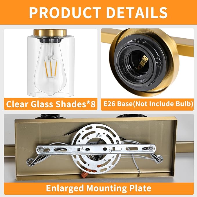 8 Light Gold Vanity Lights Over Mirror, 52inch Gold Bathroom Light Fixtures Modern Vanity Lights Gold Bathroom Wall Lighting for Mirror Bedroom,Living Room