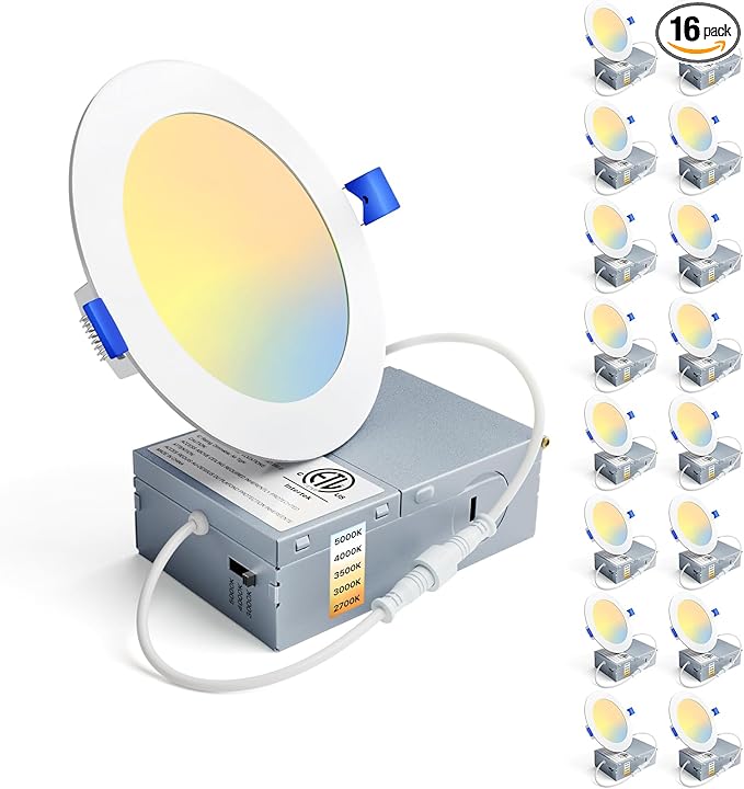 Ensenior 16 Pack 4 Inch LED Recessed Ceiling Light, Dimmable, 2700K-5000K 5CCT, 750LM 9W 120V, High Brightness Canless Wafer Downlight - ETL&FCC&IC