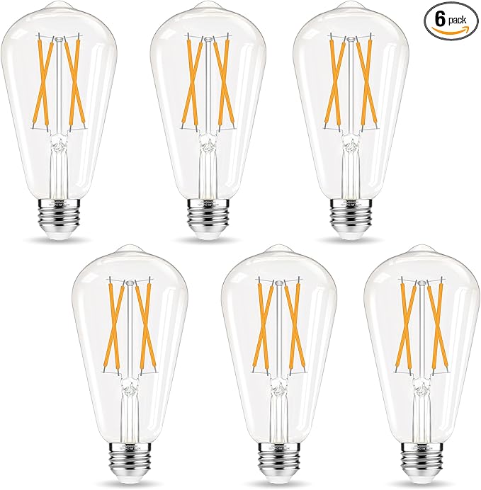 Edison Bulbs, E26 LED Bulb 60 watt Equivalent, Non-Dimmable, 2700K Warm White, ST58 Vintage Light Bulbs, 90+ CRI, E26 Medium Base, Clear Glass, 6 Pack