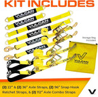 VULCAN Ultimate Axle Tie Down Kit - Classic Yellow Webbing - Includes (2) 22 Inch and (2) 36 Inch Axle Straps, (2) 96 Inch Snap Hook Ratchet Strap, and (2) 112 Inch Loop Tie Down Combinations