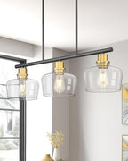 Emak Black and Gold Dining Room Light Fixture, Modern 32 Inch Kitchen Island Lighting with Clear Glass Shade, Farmhouse 3-Light Kitchen Pendant Lighting Over Island, Table, IL122-BKBGD-CG-3