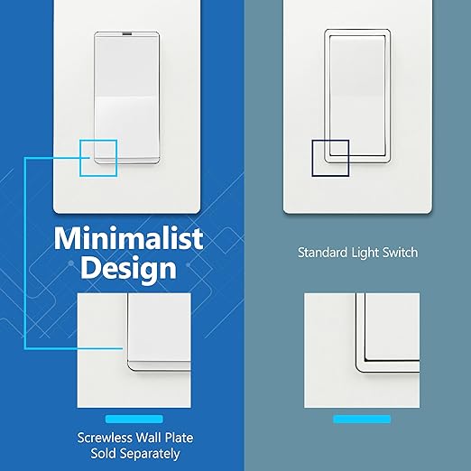 LIDER Matte White Minimalist Design Decorator Switch, Frameless Paddle Wall Light Switch, On/Off Rocker Switch, 3-Way or Single Pole, Residential Grade, UL Listed, 3 Wire, 15A 120-277VAC
