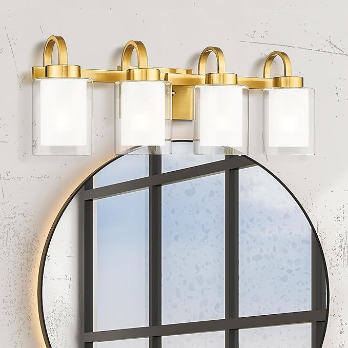 TENGXIN 4-Light Bathroom Vanity Light, Brushed Gold Vanity Light Over Mirror, Modern Wall Light Fixtures with Dual Glass Shade, Wall Lights for Mirror Bedroom Living Room E26 Base