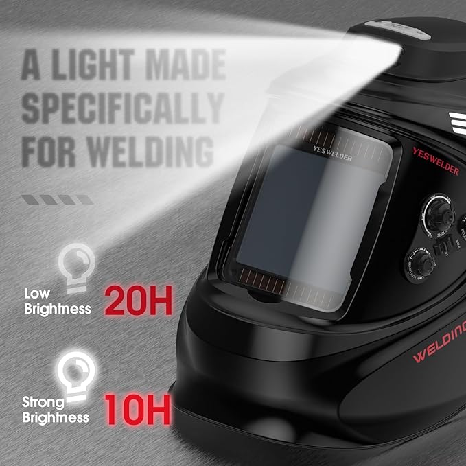 YESWELDER Auto Darkening Welding Helmet with Rechargeable Fan and Light, 3.93"X3.66"Large View 1/1/1/1 True Color 4 Arc Sensor Solar Powered Welding Hood, 3/5-9/9-13 Wide Shade Weld Mask LYG-30800H
