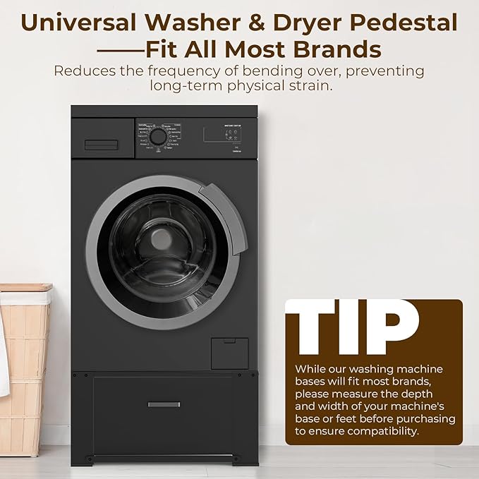 SKM Washer and Dryer Stand - 28" Laundry Pedestals for Washing Machine and Dryer with Top Panel, Heavy Duty Steel Pedestal Raiser, 14.2 Inches Height Elevation in Black