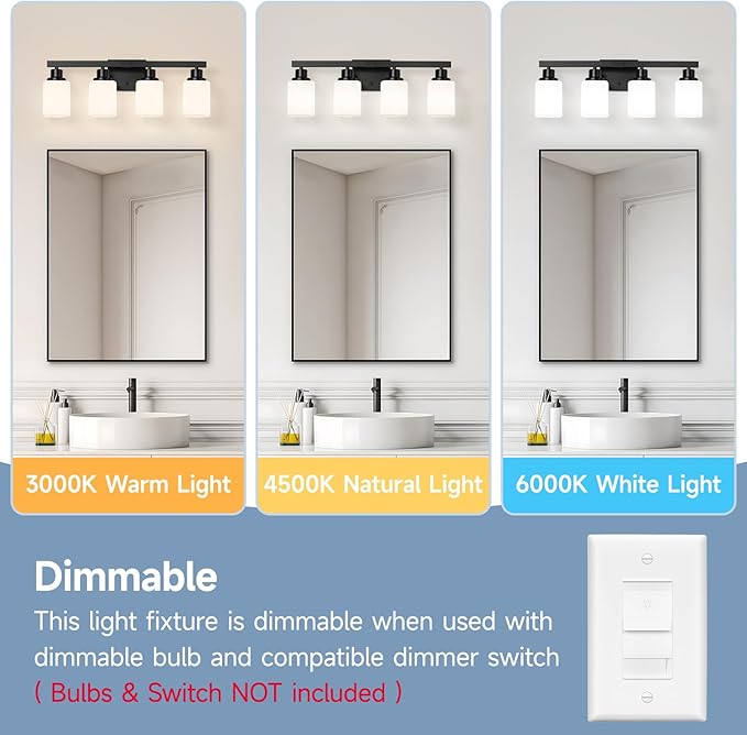 4-Light Bathroom Vanity Light, Modern Matte Black Bathroom Light Fixtures with Square Frosted Glass, Wall Sconces fixtures Over Mirror Restroom,Living Room Hallway E26