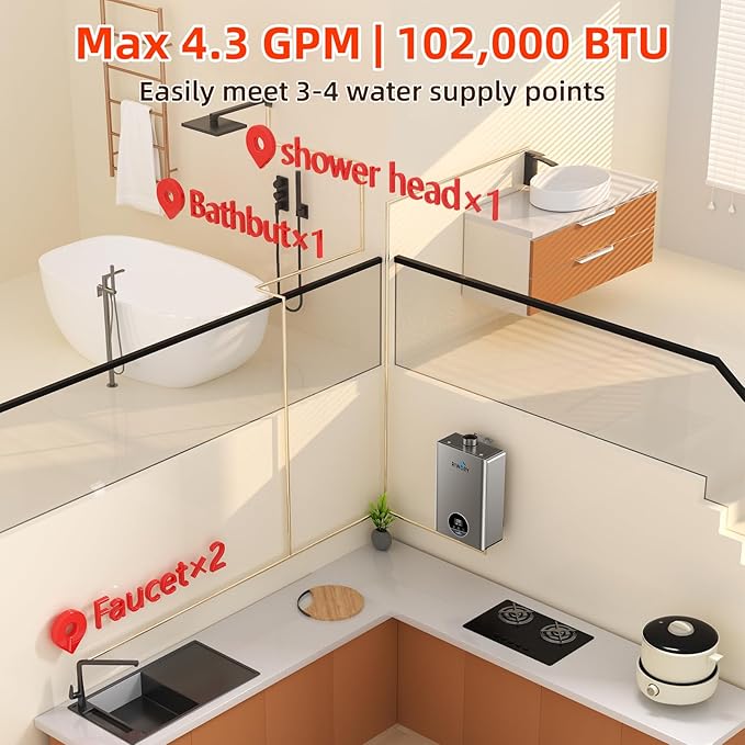 102000 BTU Tankless Water Heater Propane, Max 4.3 GPM Intelligent Constant Indoor Gas Instant Water Heater Tankless with Freeze Protection, 3/4" NPT, for 3-4 Water Points