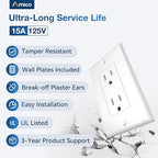 Amico 15A Wall Outlet, White Decorator Receptacle with Wall Plate, Tamper Resistant Electrical Outlet, Self-Grounding, 2-Pole, 3-Wire, Suitable for Home and Business, UL Listed, 1 Pack