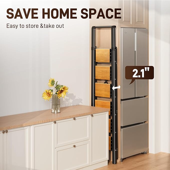 GameGem 6 Step Ladder, Aluminum Folding Step Stool with Anti-Slip Sturdy and Wide Pedal, Portable Lightweight Step Ladder with Handgrip for Indoor Outdoor Use, 330 lbs Capacity, Black Woodgrain