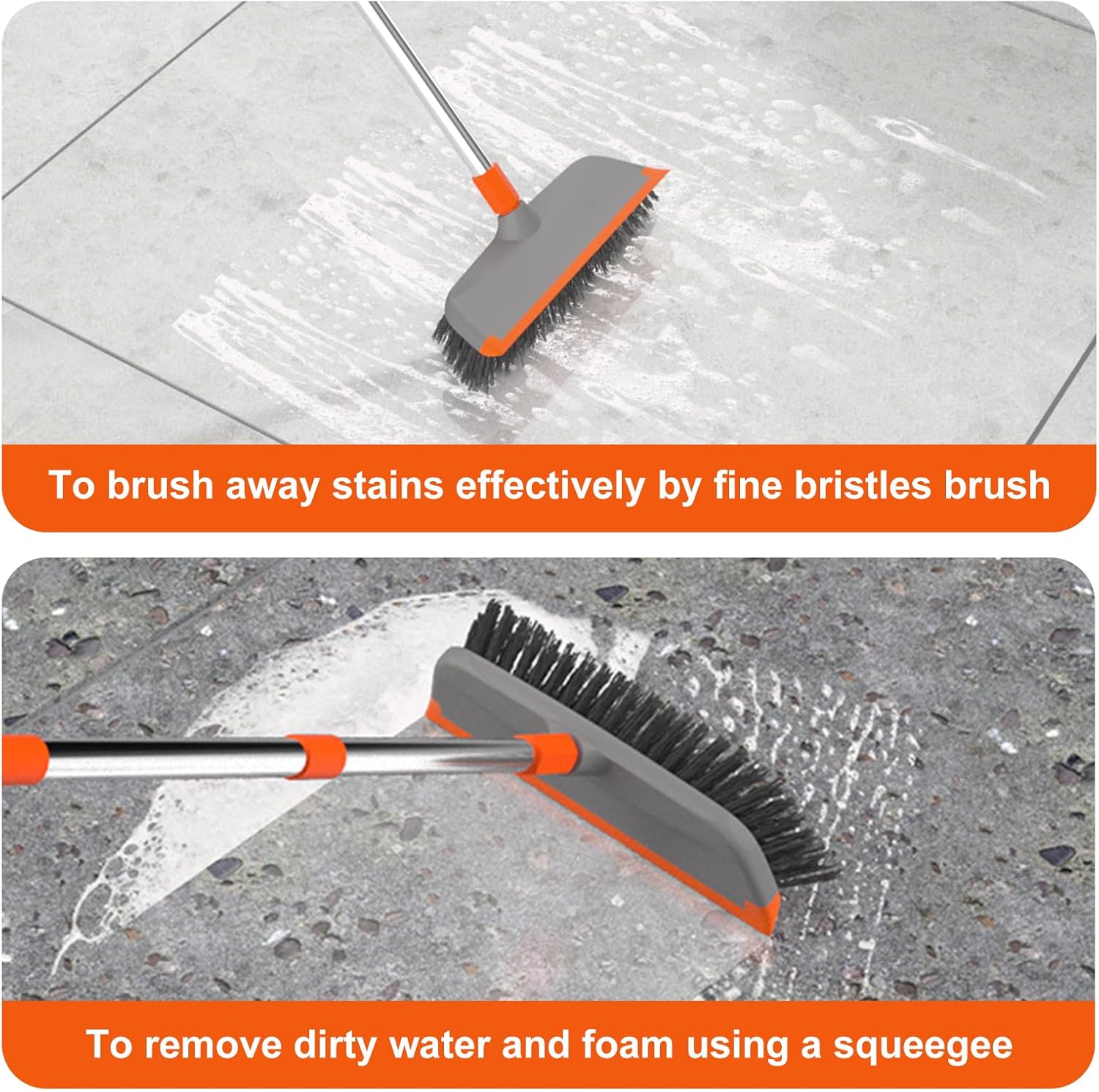 BITOPE Deck Scrub Brush with Long Handle, Heavy Duty Floor Cleaning Scrubber with Stiff Bristles Garage Concrete Cleaner Tool for Cleaning Tile Patio Outdoor Porch Indoor Kitchen Shower Bathroom