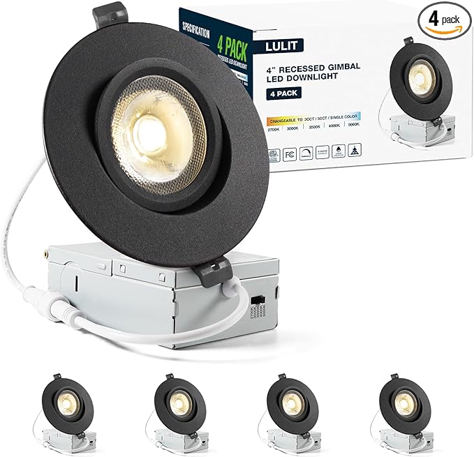 4 Pack Black 4-inch 5 CCT Gimbal LED Recessed/Downlight Color Selectable 2700K/3000K/3500K/4000K/5000K 800Lm 9W 120V Dimness Adjustable LED Lights