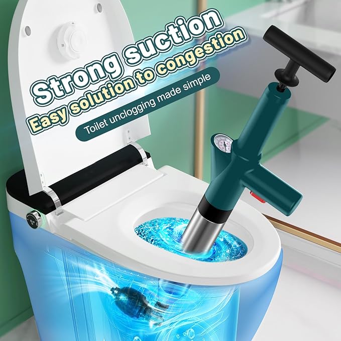 Heavy Duty Toilet Plunger, Drain Clog Remover, High Pressure Air Drain Blaster Real-Time Barometer Plunge Blaster Multi-Drain Unclogger for Toilets, Plungers for Bathroom, Sink, Floor, Kitchen Clogged