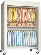 FUTASSI White Clothing Rack with Beige Cover, P1C Plus Rolling Closet with Wheels, Metal Garment Rack for Hanging Clothes, Clothing Storage Wardrobe, 46" W x 18.5" D x 80.7" H, Load 524 Pounds