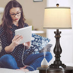 27.5" Farmhouse Table Lamp for Living Room,Vintage Bedside Nightstand Lamp with USB C+A Ports & AC Outlet,3-Way Dimmable Touch Control Retro Black Desk Lamp for Bedroom,Single Black