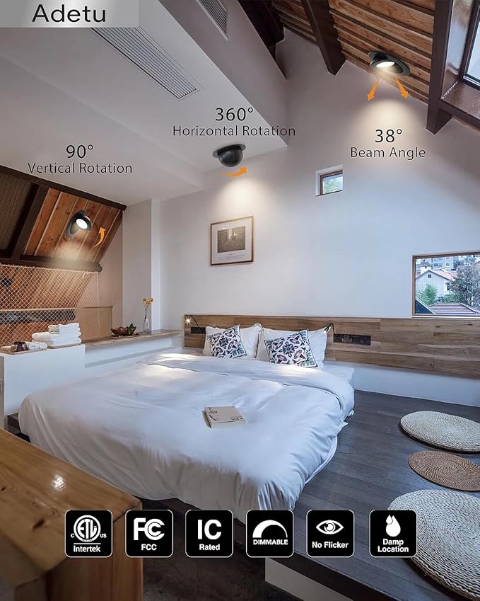 Adetu Recessed Lighting 6 inch, 360°+90° Adjustable Directional 6 inch 5CCT Gimbal Black Led Recessed Lighting, 2700K-5000K Dimmable Retrofit Eyeball Can Recessed Lights with Jbox, ET，Black (6 Pack