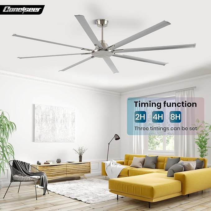 100 Inch Ceiling Fans with Remote No Light for Living Room Bedroom Kitchen Home Office Library Cafe Outdoor/Industrial Use, 8 Aluminum Blades 6 Speed Reversible Quiet DC Motor, Sand-nickel