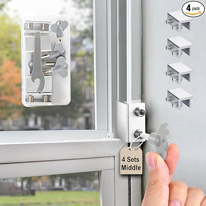 Window Locks,4 Sets Sliding Window Locks with Key, Window Locks for Up and Down Windows,Easy to Install Vertical & Horizontal Window Security Locks,Adjustable Aluminum Window Stopper Lock(Silver)