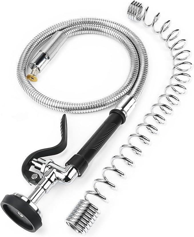 Spray Valve with 38” Commercial Sink Sprayer Hose and Pre Rinse Spring, Pre Rinse Sprayer with Flexible Stainless Steel Hose & Spring Assembly for Commercial Kitchen Faucets (Black)