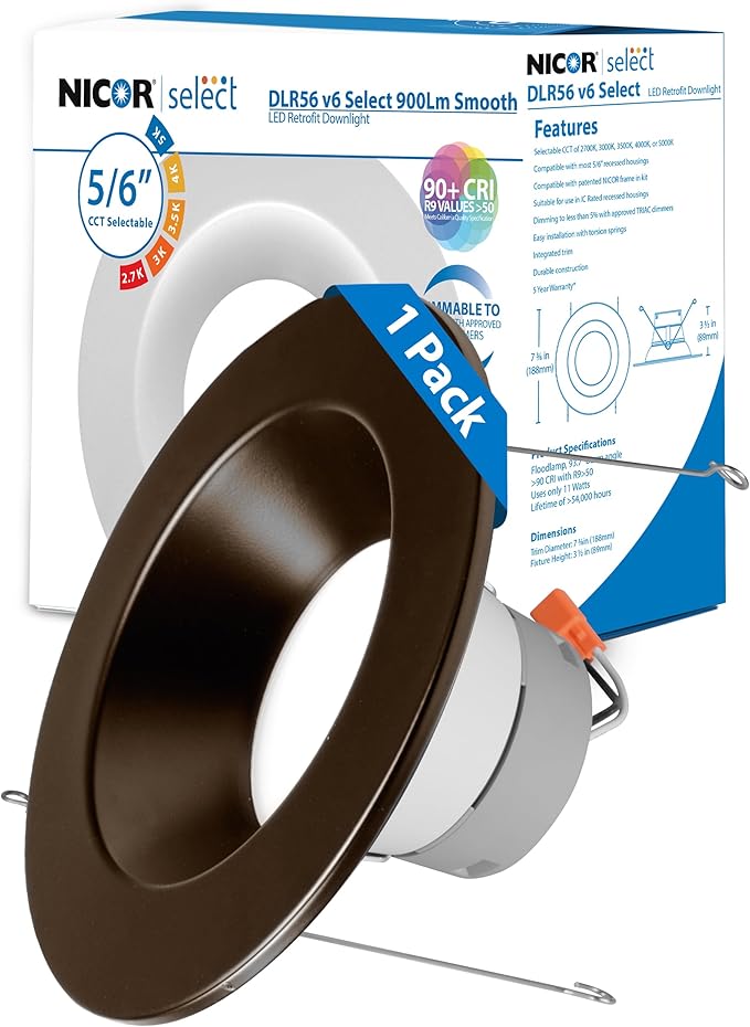 NICOR DLR56609120SOB DLR56(v6) 5/6-inch Oil-Rubbed Bronze 900 Lumen Selectable Recessed LED Downlight