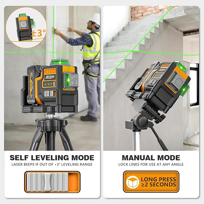 Alloyman Max 20V Laser Level with Tripod, 3x360° Self-Leveling Laser level, 3D Lazer Leveler Tool for Construction, Picture Hanging with Strong Magnetic Bracket & Hard Carry Case