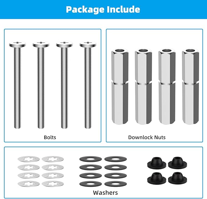 Hibbent 4 PCS Universal Toilet Seat Bolts Kit, Heavy Duty Stainless Steel Toilet Bolts with Extra Long Downlock Nuts Rubber Washers Gaskets, Easy to Install -Bathroom Toilet Repair Screw