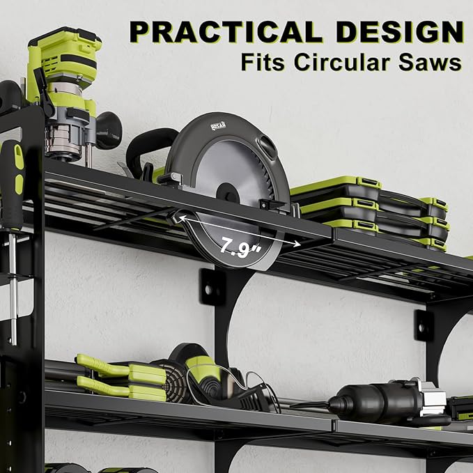 64" Power Tool Organizer Wall Mount, 16 Slots, 3-Tier Drill & Cordless Tool Storage Holder with Pegboard Sides, Tool Wall Organizer for Garage & Workshop Black