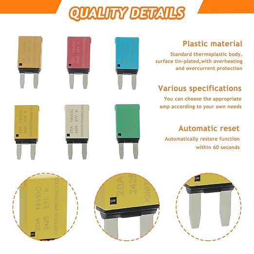 Auto Reset Fuse E71 E77 car ATM Low Profile Mini Blade Style Automatic Circuit Breaker T1 14V DC 5A 10A 15A 20A 25A 30A Boat Marine RV Car Truc（6 pcs Mixed）