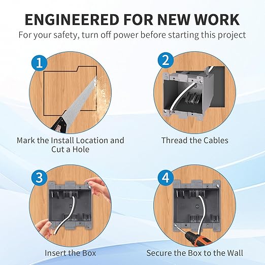 10 PK Old Work Electrical Outlet Box 2 Gang, 25 Cubic Inch Plastic Remodel Drywall Junction Boxes, ETL Listed to UL514C and UL263, Fire Rated for Two Hours