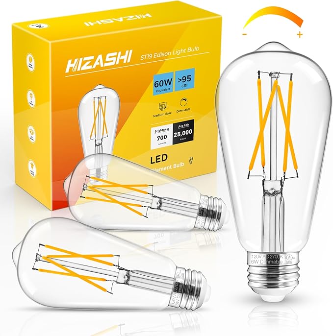 Hizashi Edison Bulb 60 Watt LED, 2700K Dimmable LED Light Bulbs E26 Base, ST19 Vintage Light Bulbs Soft Warm White, 95+CRI, UL Listed,700 Lumens 6W, Clear Glass, Pack of 3